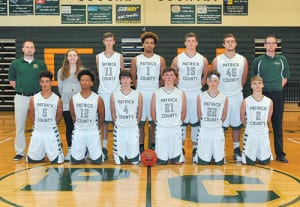 Varsity Cougar basketball: Pictured: front row, (left to right): DeAndre Reynolds, Darius Hagwood, Hunter Lawless, Christian Taylor, Josh Cockram and Frankie LaComa; back row: Coach Andrew Terry, Manager Samantha Holt, Brandon Hubbard, RJ Hagwood, Matthew Amos, Zach Strole and Coach Lucas Terry. 