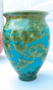 This crystalline-glaze vase is one of about 100 pieces in David Lunt’s Chemo Delusion collection. All sales from his Dec. 2 show at Mattie B’s will go to help patients at Carillion Roanoke’s Blue Ridge Cancer Care (Photo by Angela H. Hill)